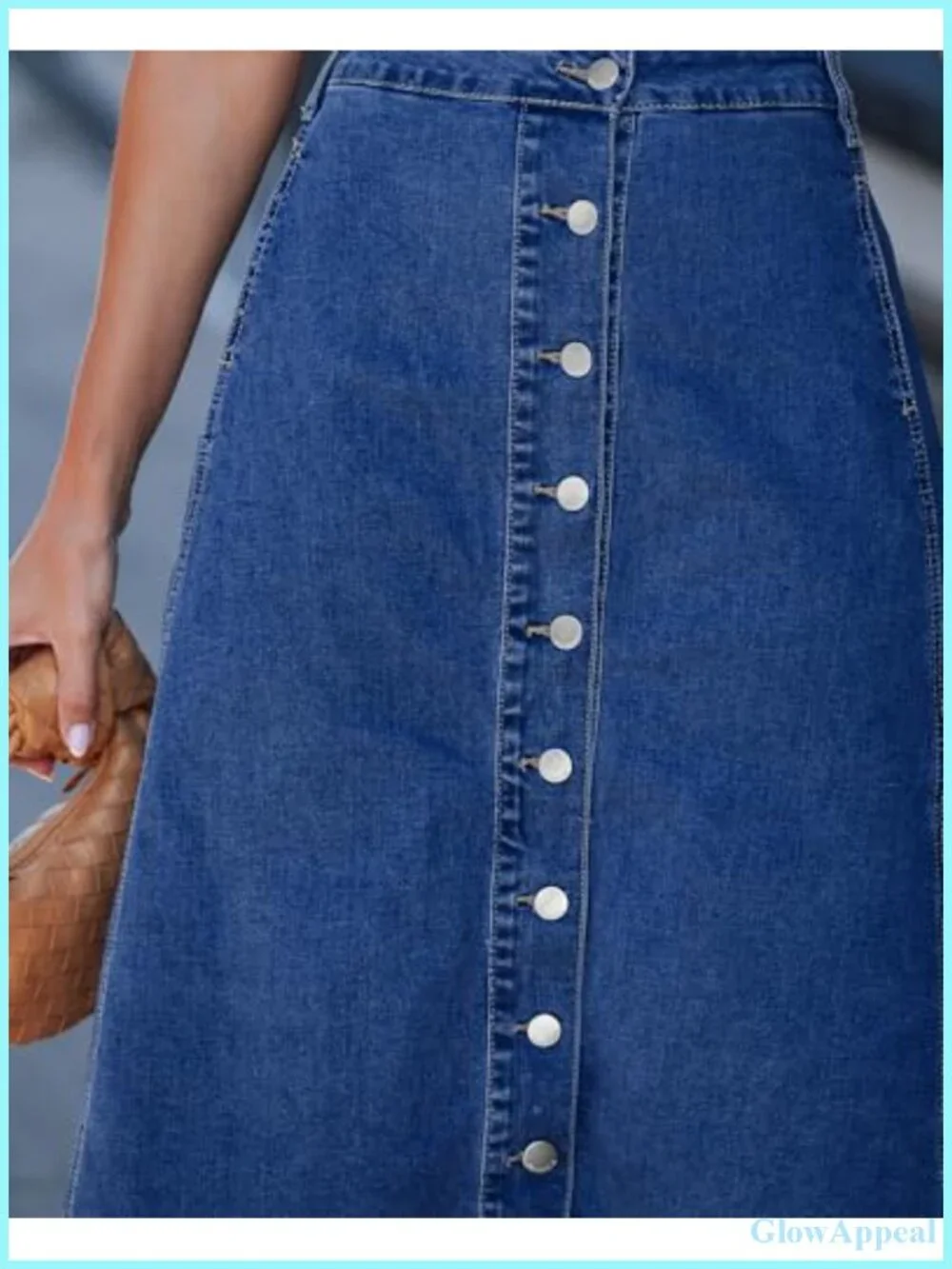 Denim A-Line Midi Skirt High Waist Stretchy with Pockets Button Front